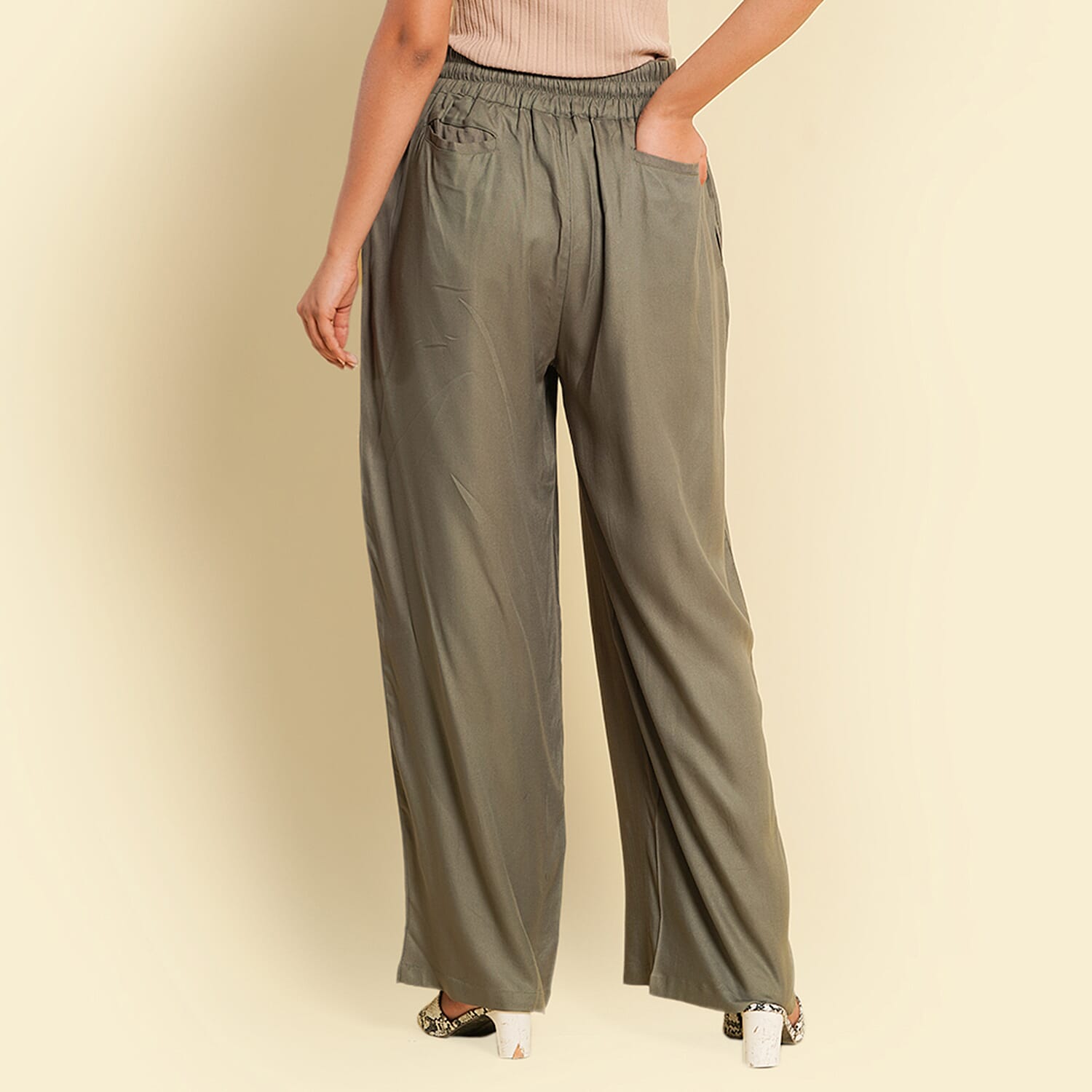 TAMSY 100% Viscose Plain Palazzo (Size S) - Khaki