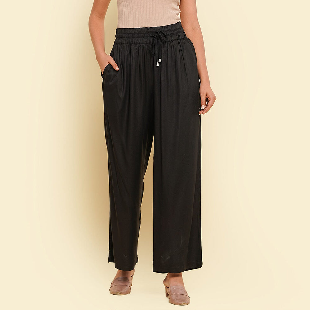 TAMSY 100% Viscose Plain Palazzo (Size XL) - Black