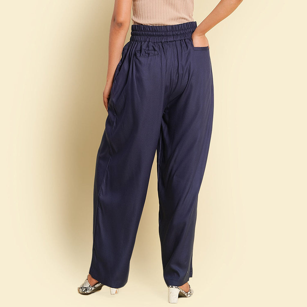 TAMSY 100% Viscose Plain Palazzo (Size XL) - Navy
