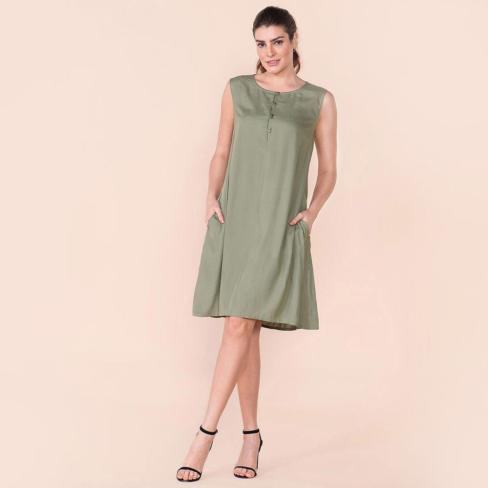TAMSY 100% Viscose Plain Sleeveless Dress (Size 16) - Green