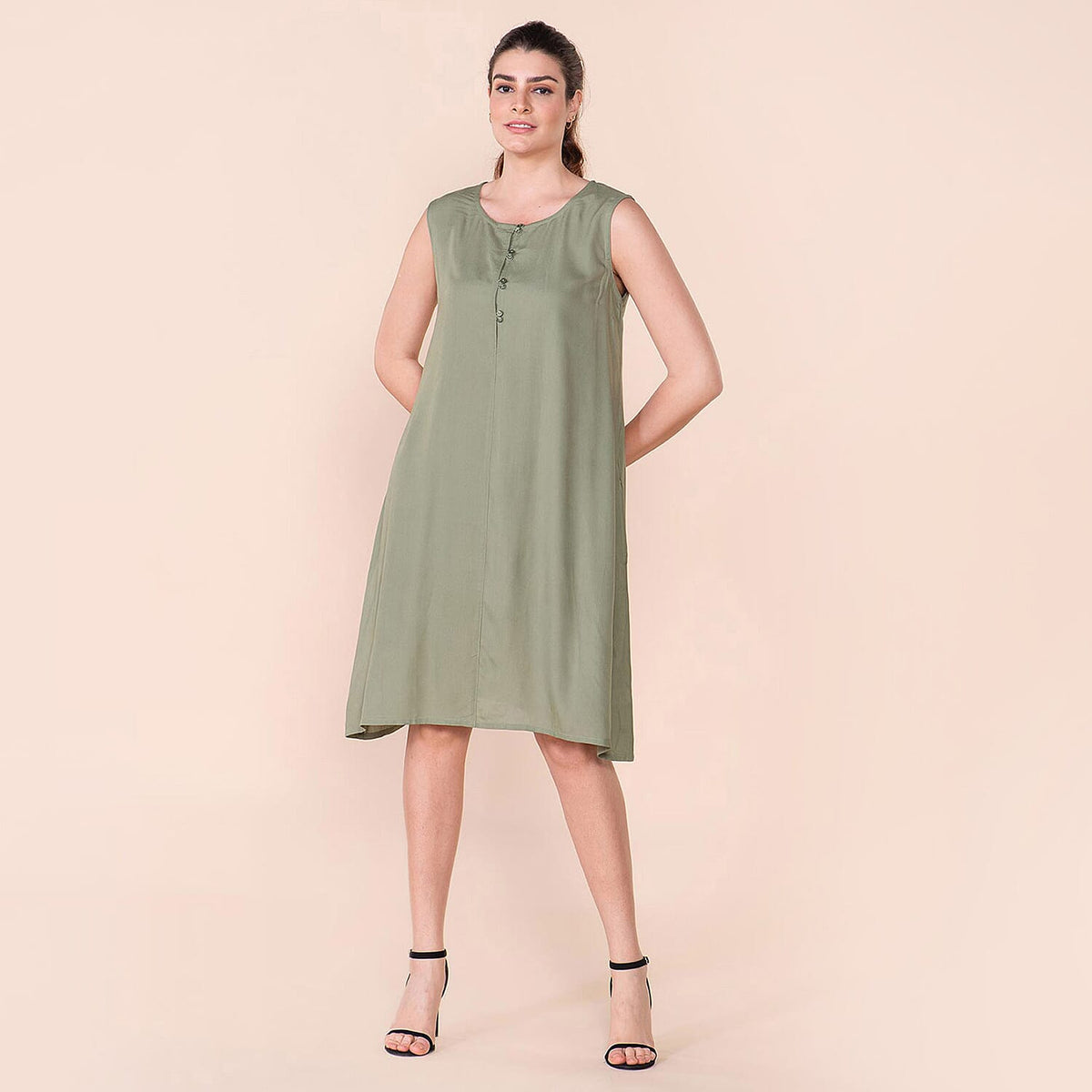 TAMSY 100% Viscose Plain Sleeveless Dress (Size 16) - Green