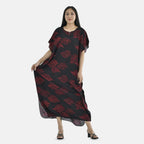 TAMSY 100% Viscose Red Feafs Pattern Kaftan Dress (Size 138x77 Cm) - Black