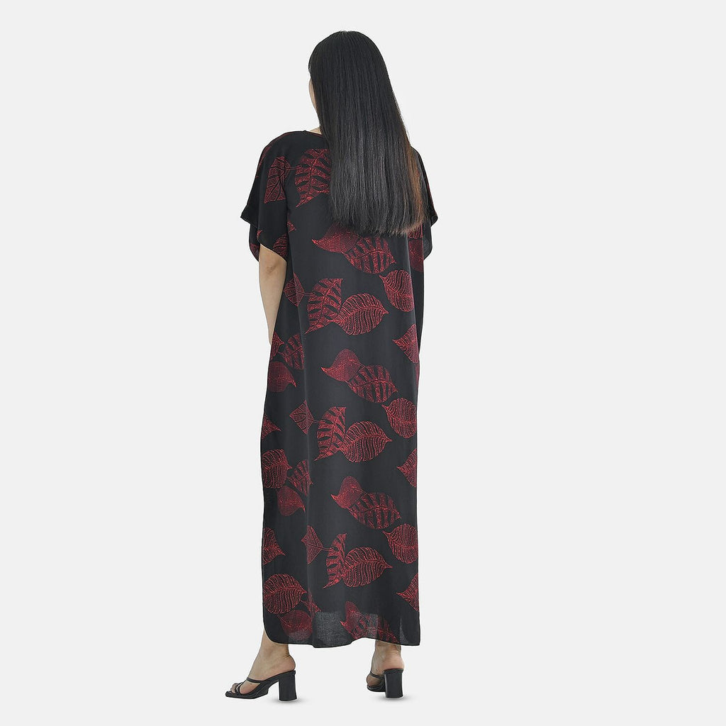TAMSY 100% Viscose Red Feafs Pattern Kaftan Dress (Size 138x77 Cm) - Black