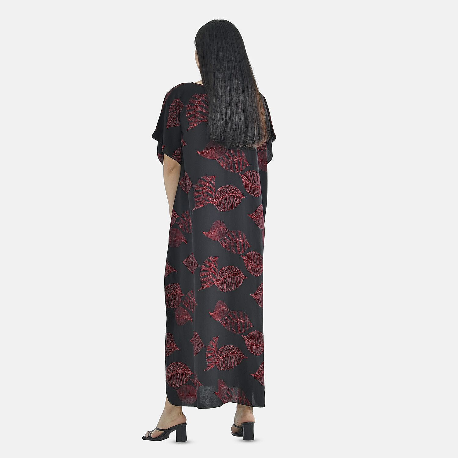 TAMSY 100% Viscose Red Feafs Pattern Kaftan Dress (Size 138x77 Cm) - Black