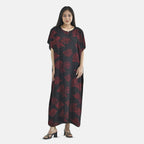 TAMSY 100% Viscose Red Feafs Pattern Kaftan Dress (Size 138x77 Cm) - Black