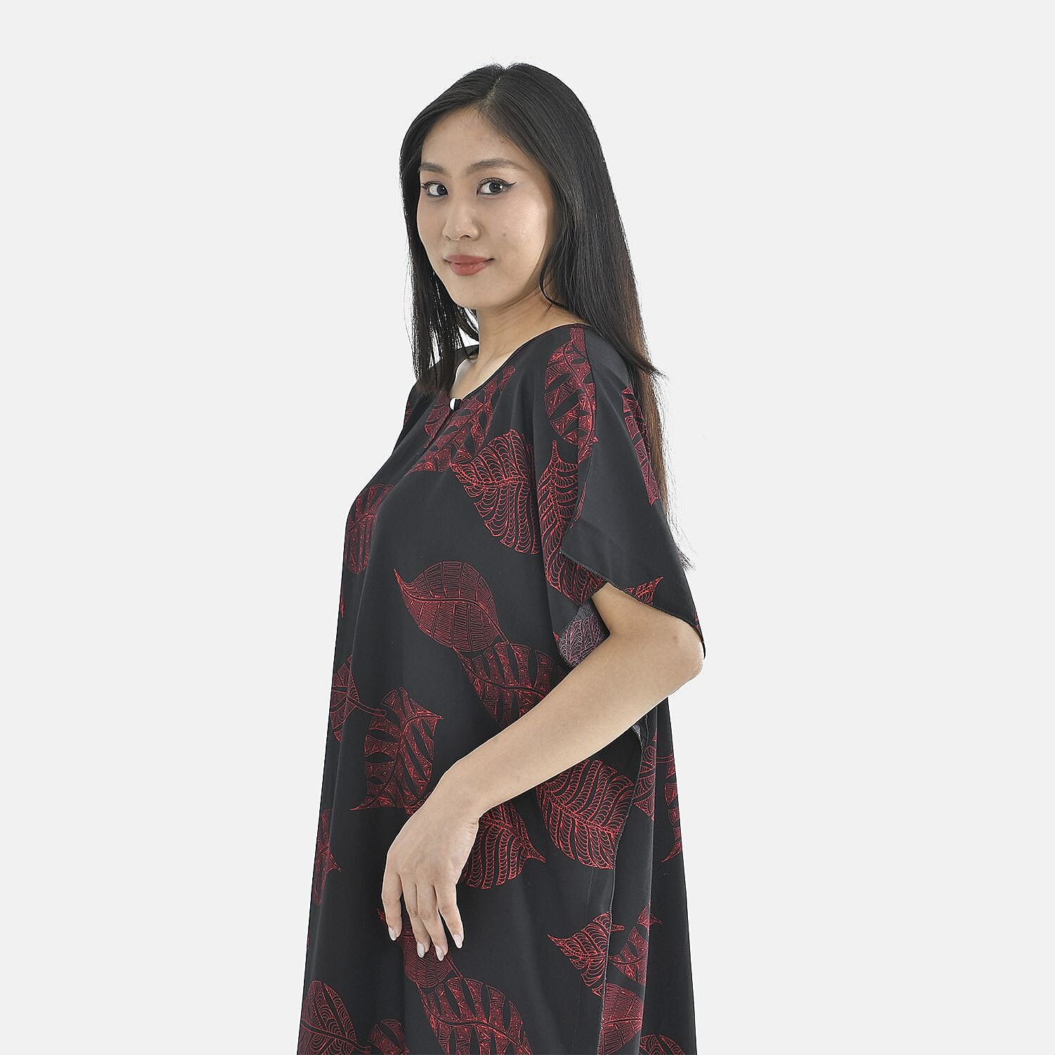 TAMSY 100% Viscose Red Feafs Pattern Kaftan Dress (Size 138x77 Cm) - Black