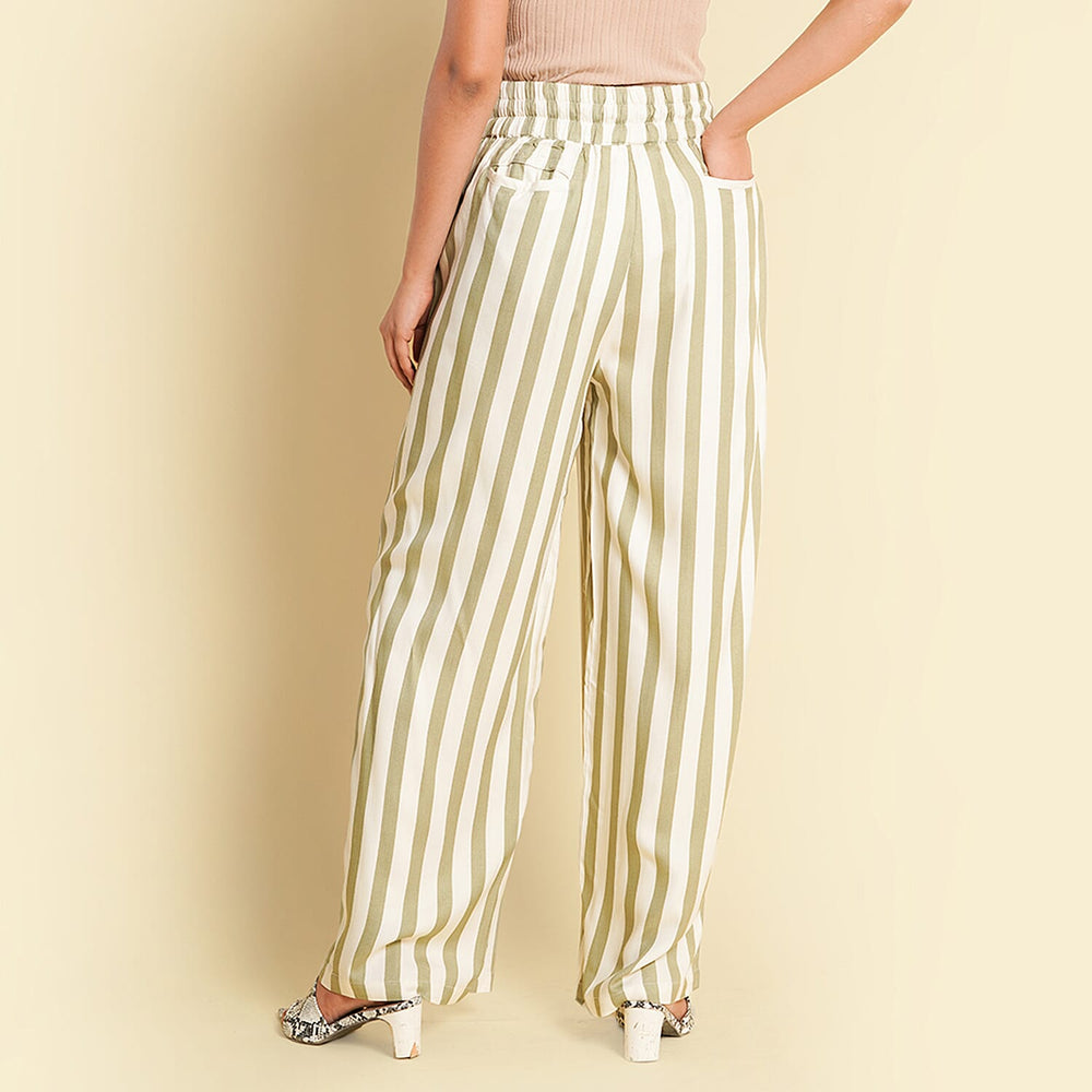 TAMSY 100% Viscose Stripe Pattern Palazzo (Size XXL) - Olive Green & Off White
