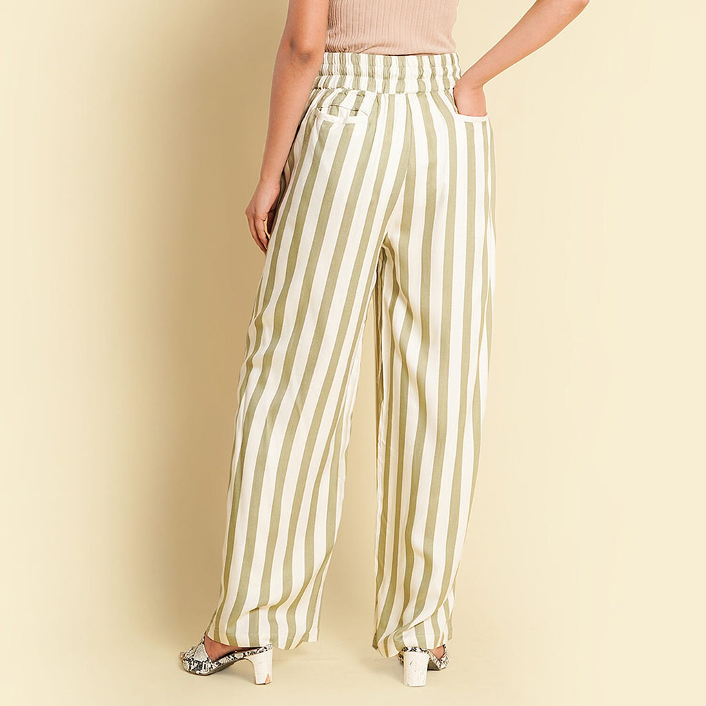 TAMSY 100% Viscose Stripe Pattern Palazzo (Size XXL) - Olive Green & Off White