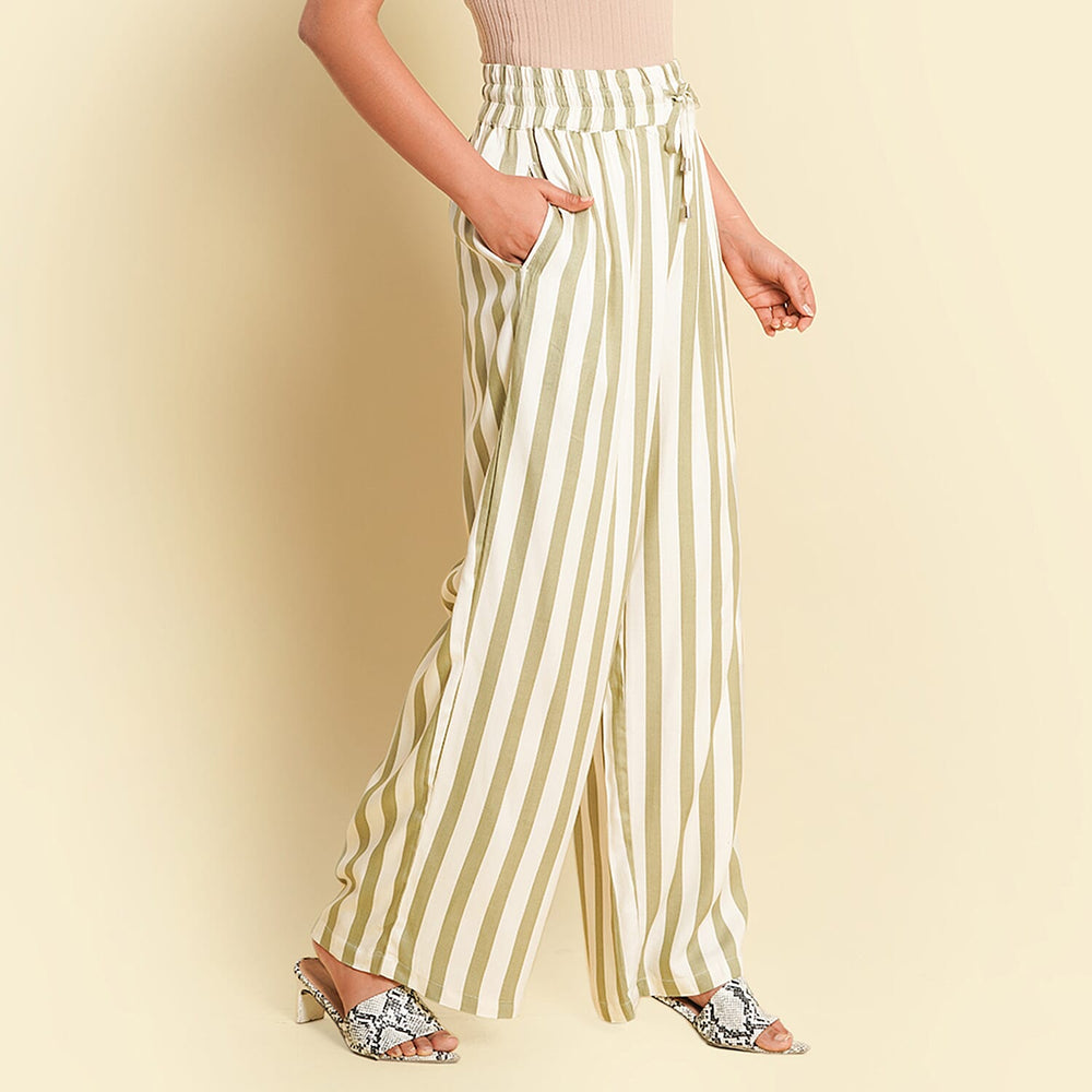 TAMSY 100% Viscose Stripe Pattern Palazzo (Size XXL) - Olive Green & Off White