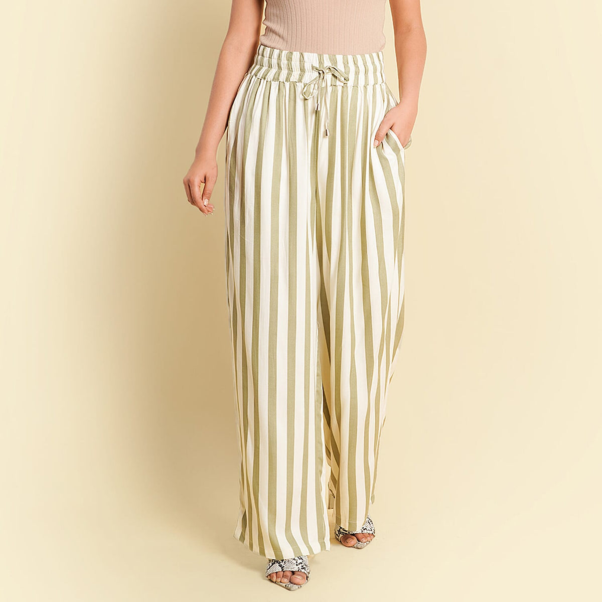 TAMSY 100% Viscose Stripe Pattern Palazzo (Size XXL) - Olive Green & Off White