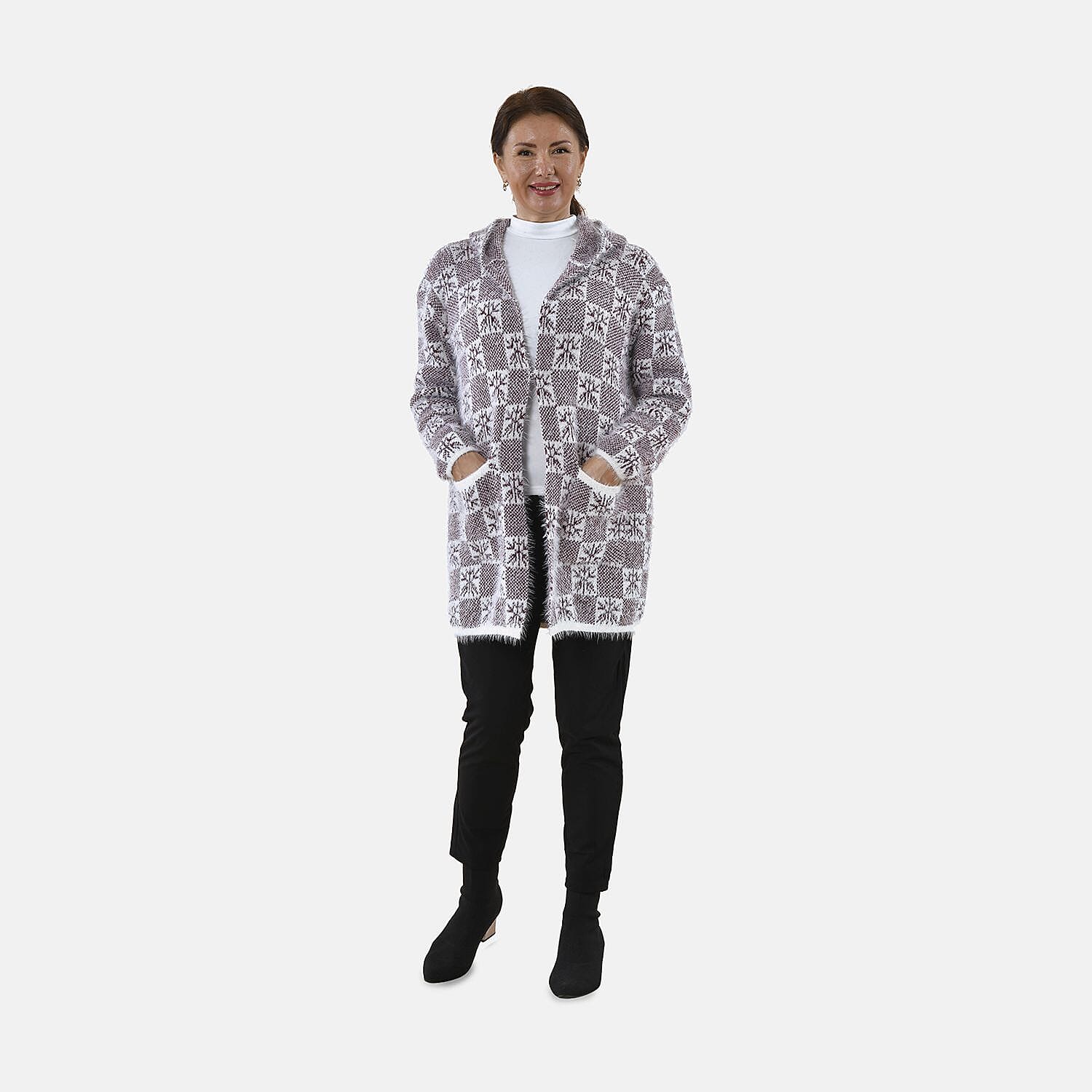 TAMSY Geometric Pattern Hoodie Coatigan (One Size, 8-20) - White Snow