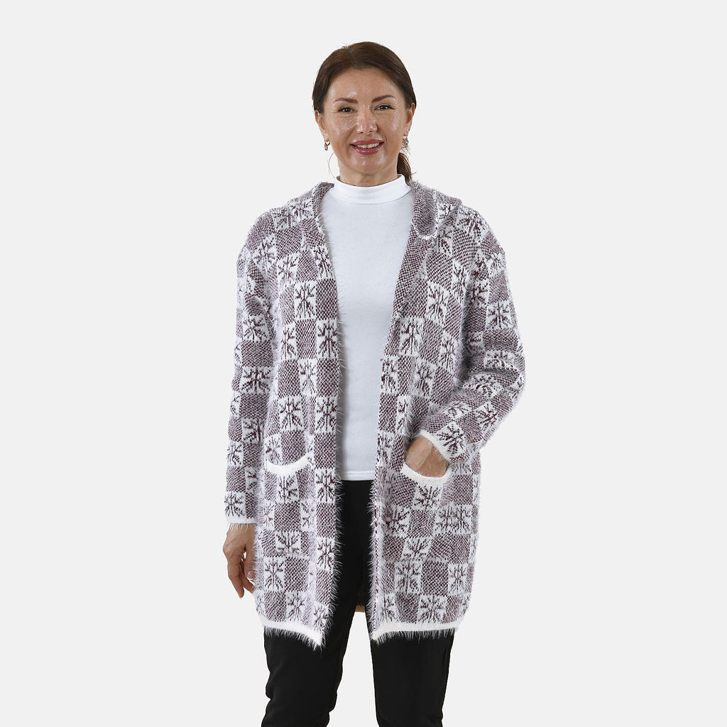 TAMSY Geometric Pattern Hoodie Coatigan (One Size, 8-20) - White Snow