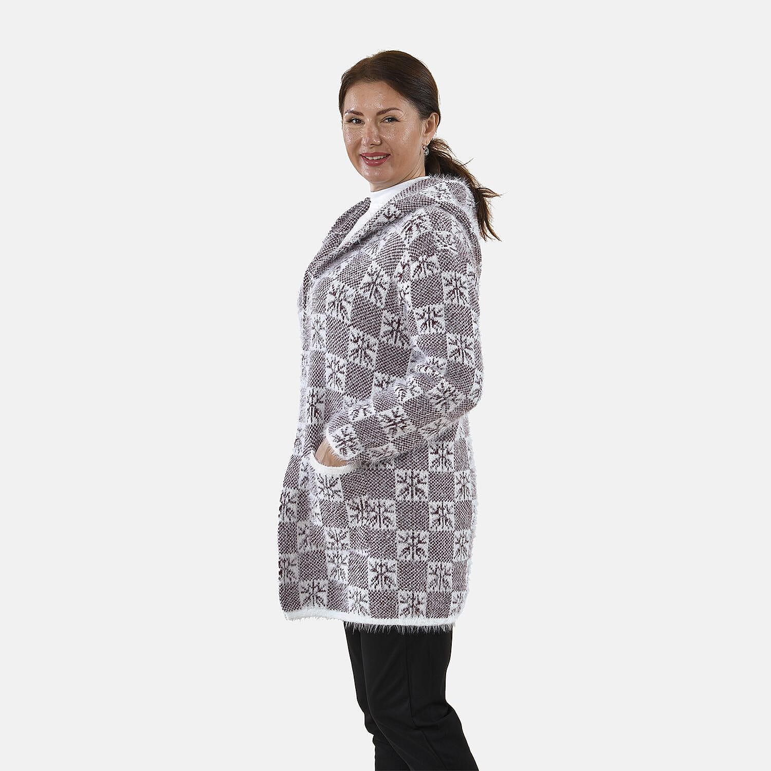 TAMSY Geometric Pattern Hoodie Coatigan (One Size, 8-20) - White Snow