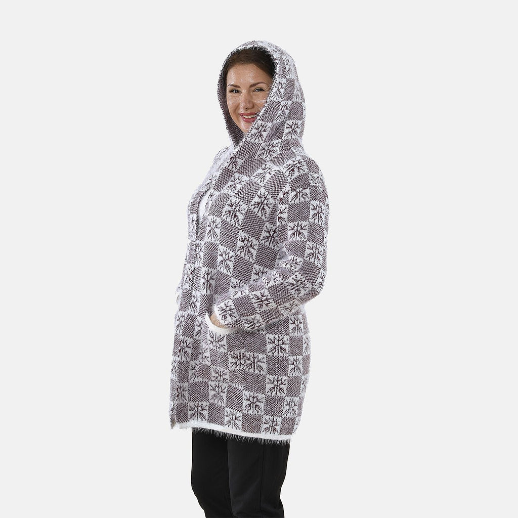 TAMSY Geometric Pattern Hoodie Coatigan (One Size, 8-20) - White Snow