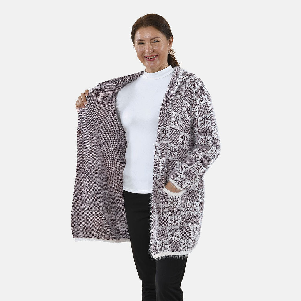 TAMSY Geometric Pattern Hoodie Coatigan (One Size, 8-20) - White Snow