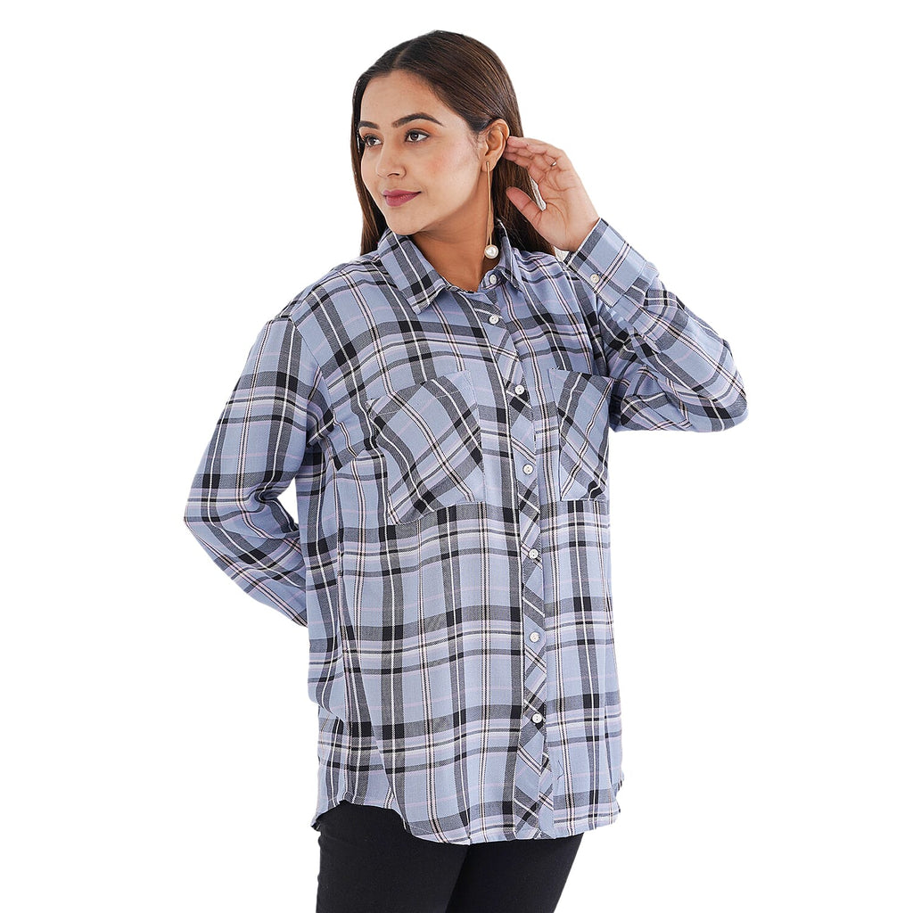 TAMSY 100% Viscose Check Shirt (Size M) - Light Blue