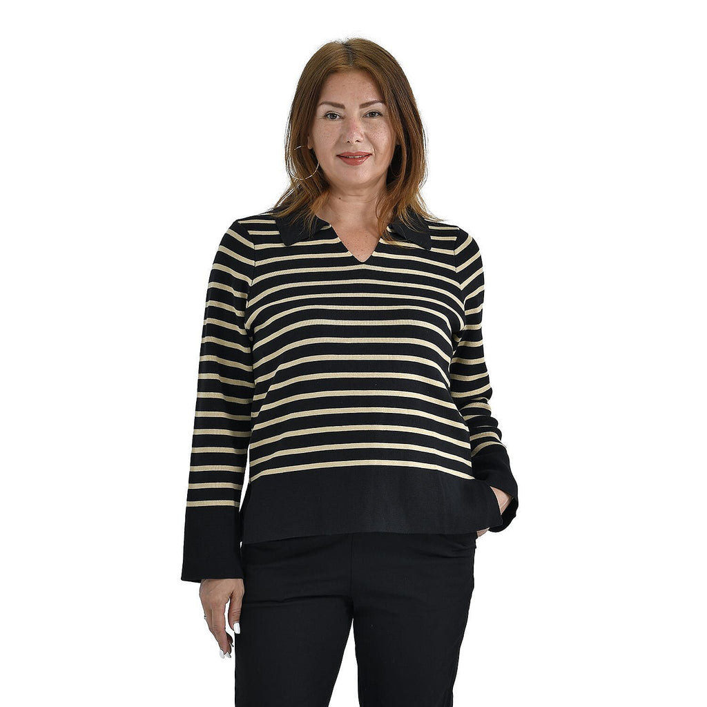 TAMSY Cotton Blend Stripe Knit Jumper (Size M,12-14) - Black & Beige