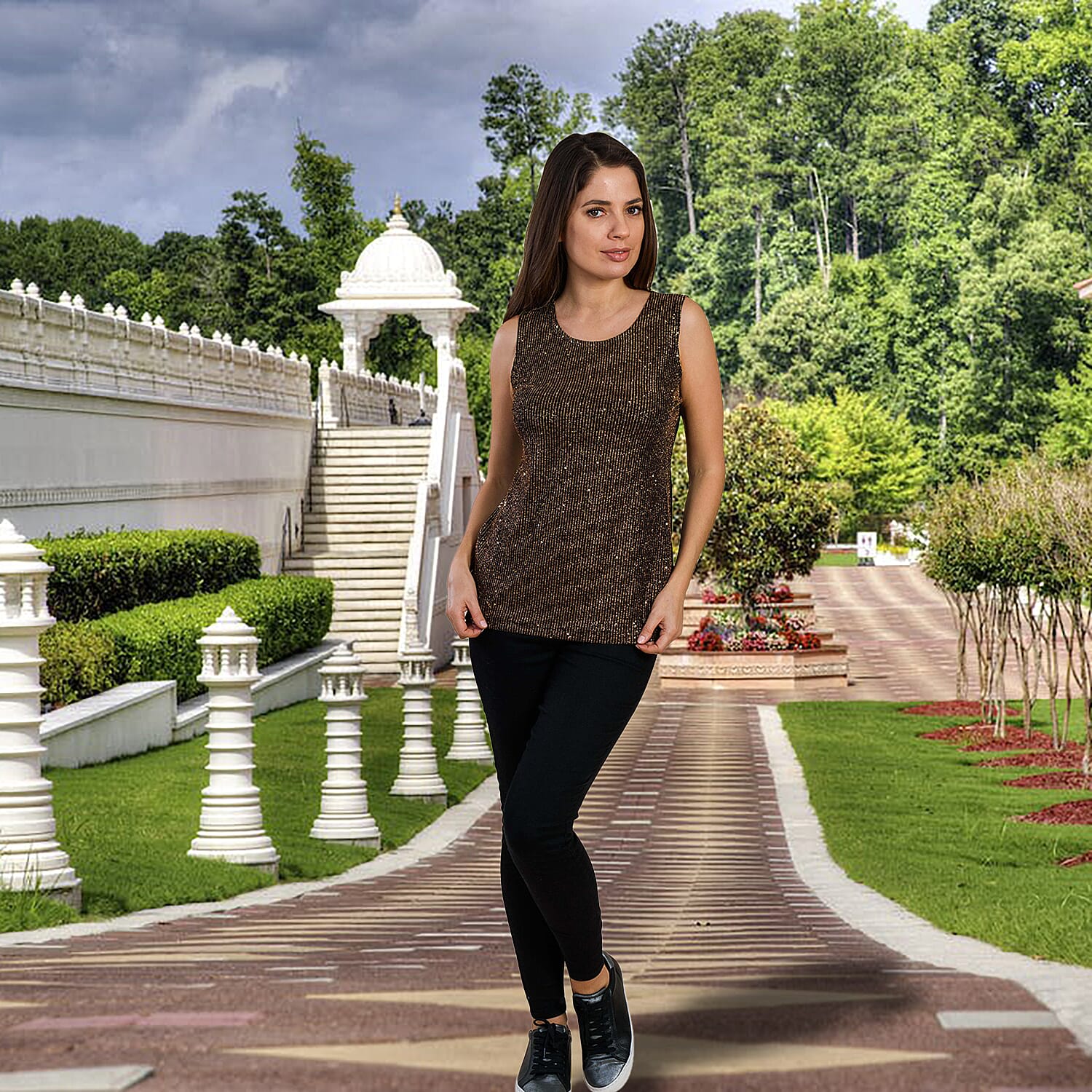 TAMSY Embellished Sleeveless Top (Size S) - Black & Golden