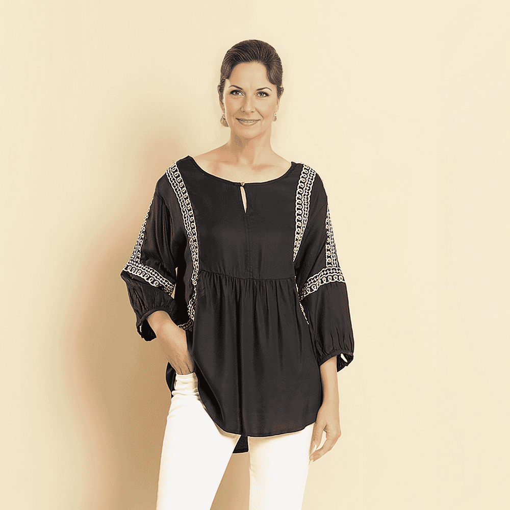 TAMSY Embroidered Top (Size L, 16-18) - Black