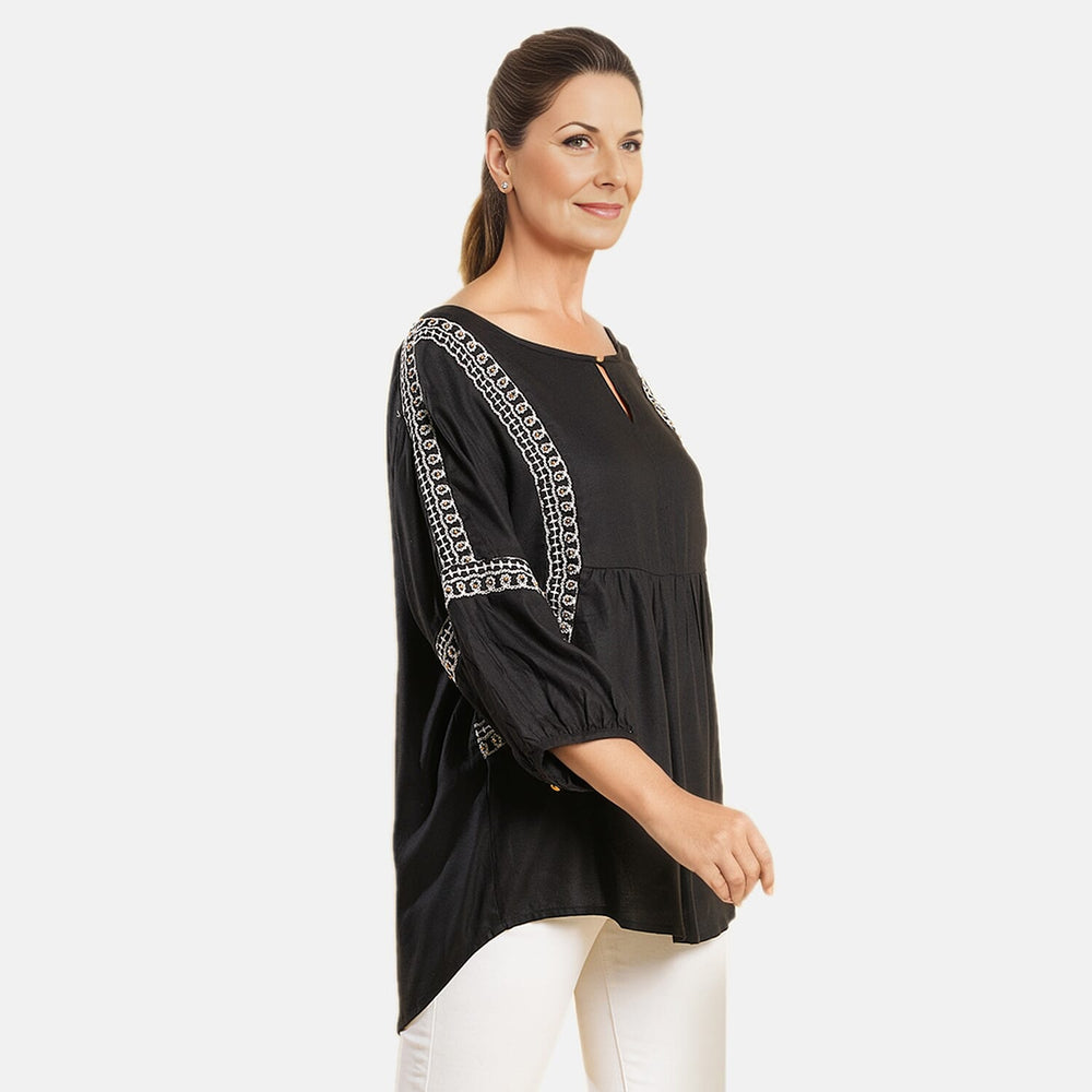 TAMSY Embroidered Top (Size L, 16-18) - Black