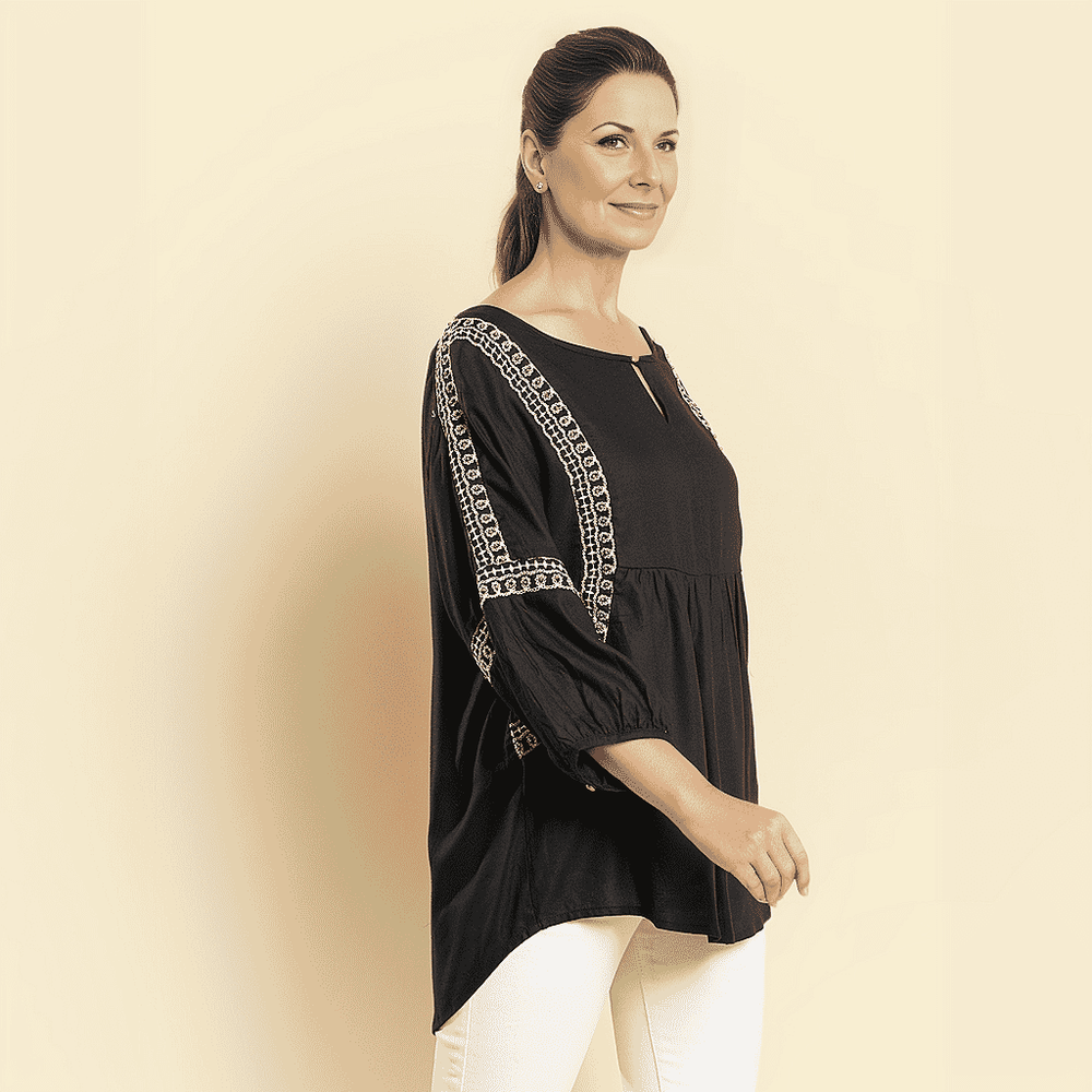 TAMSY Embroidered Top (Size L, 16-18) - Black