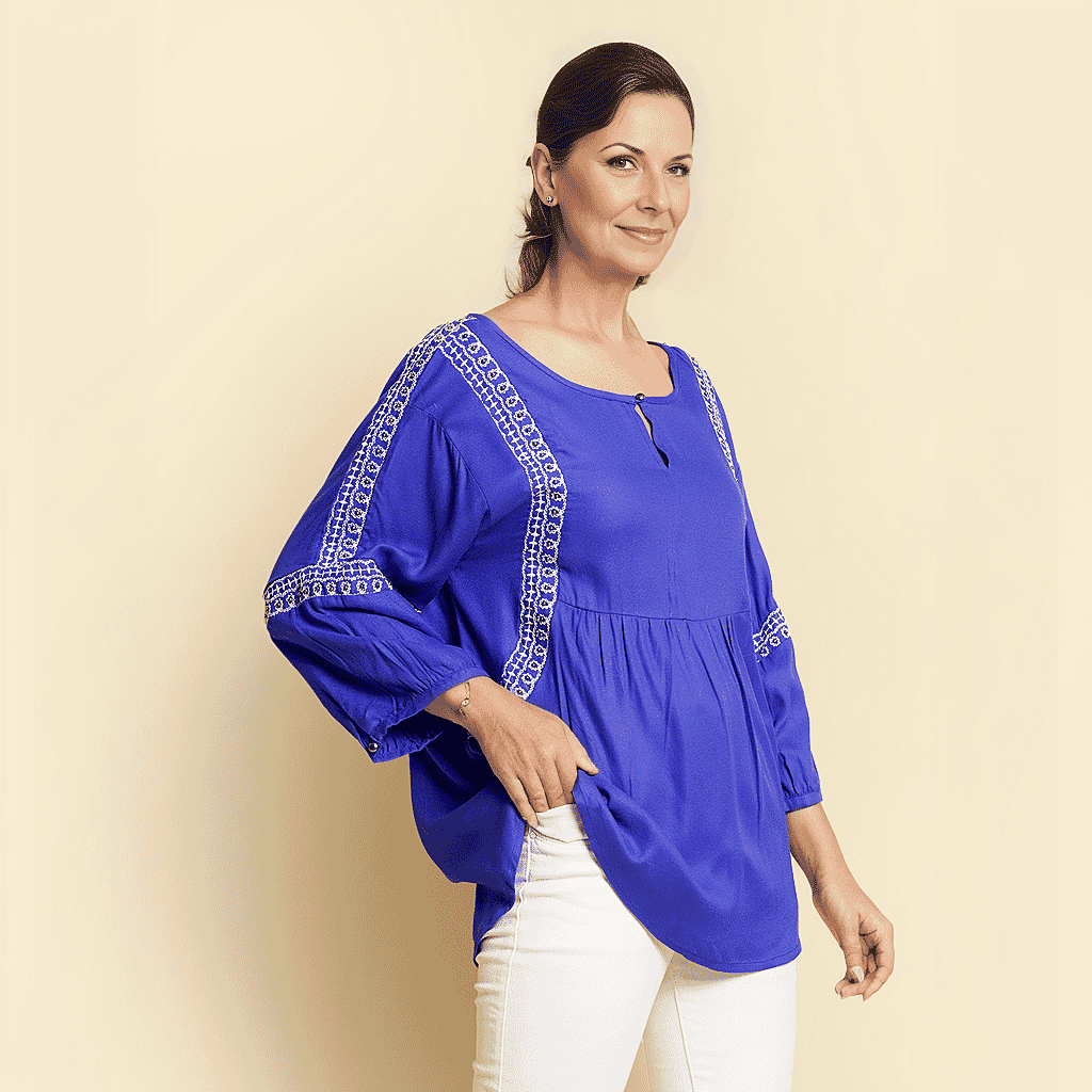 TAMSY Embroidered Top (Size L, 16-18) - Blue