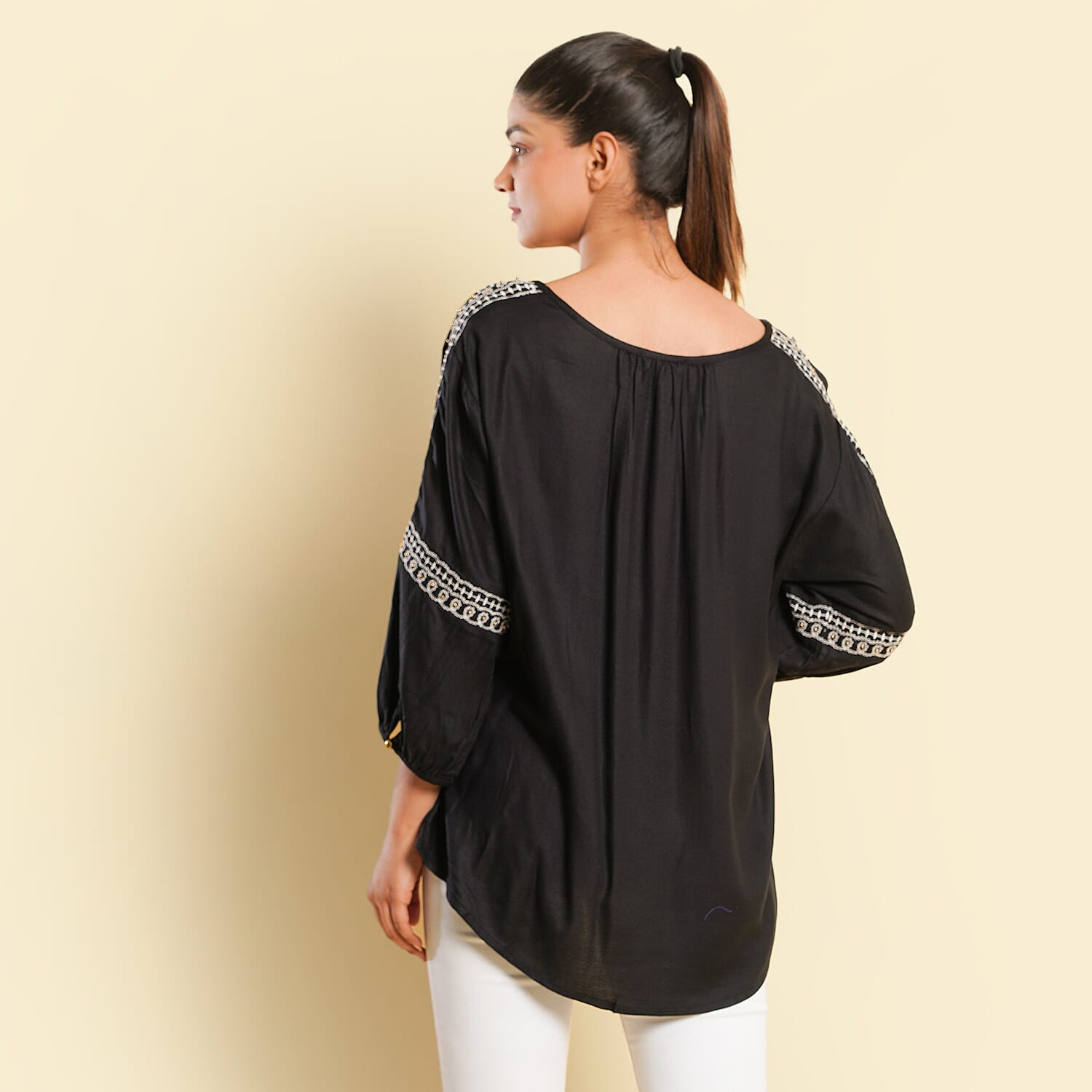 TAMSY Embroidered Top (Size M, 12-14) - Black