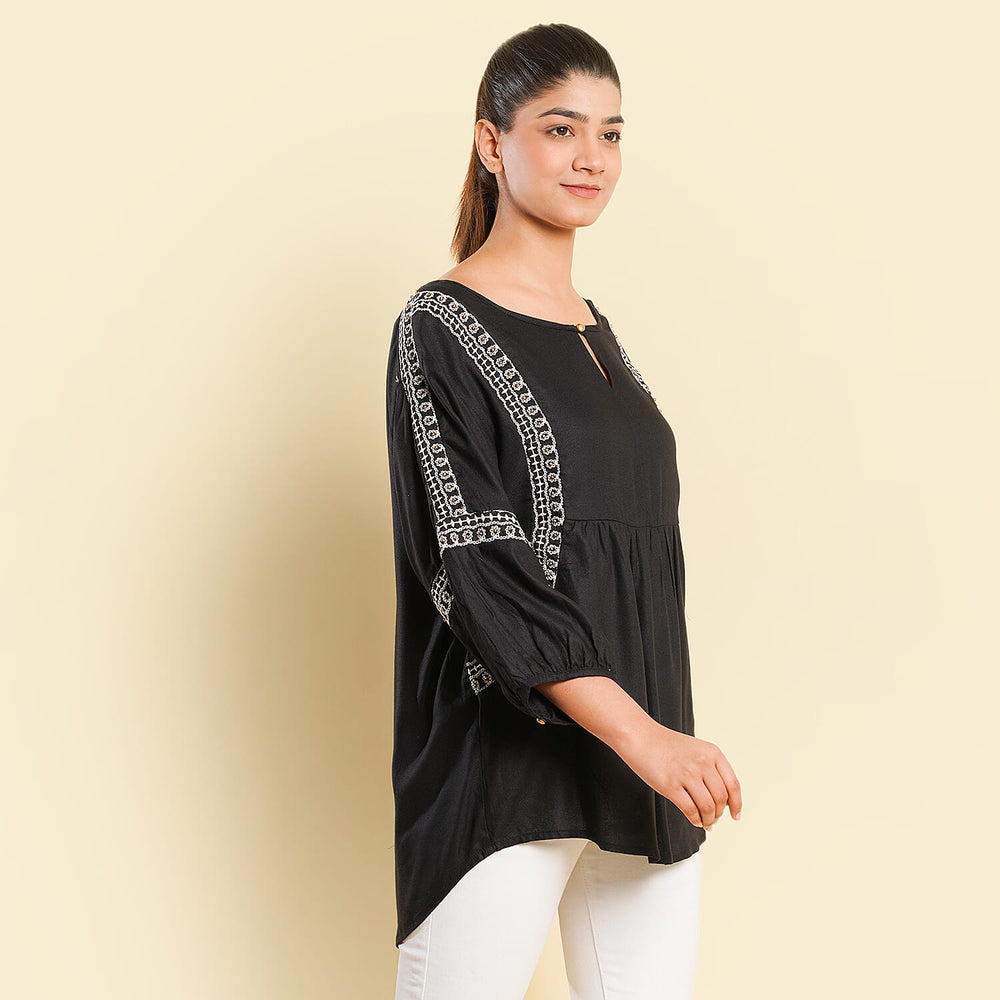 TAMSY Embroidered Top (Size M, 12-14) - Black