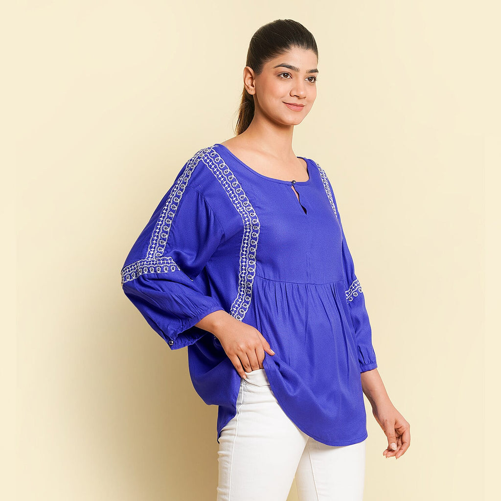 TAMSY Embroidered Top (Size M, 12-14) - Blue