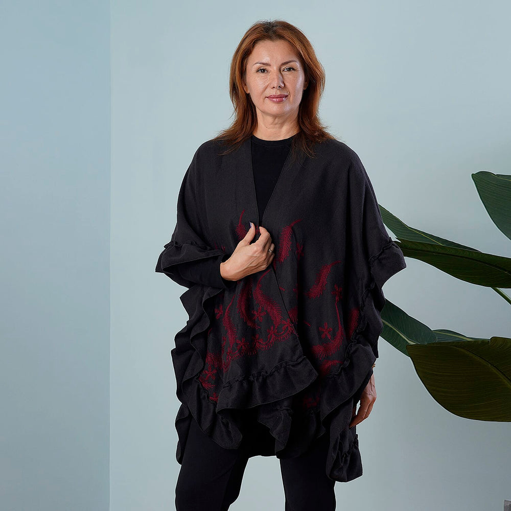 TAMSY Feather and Floral Embroidered Kimono (Size 95x83 Cm) - Black - Red