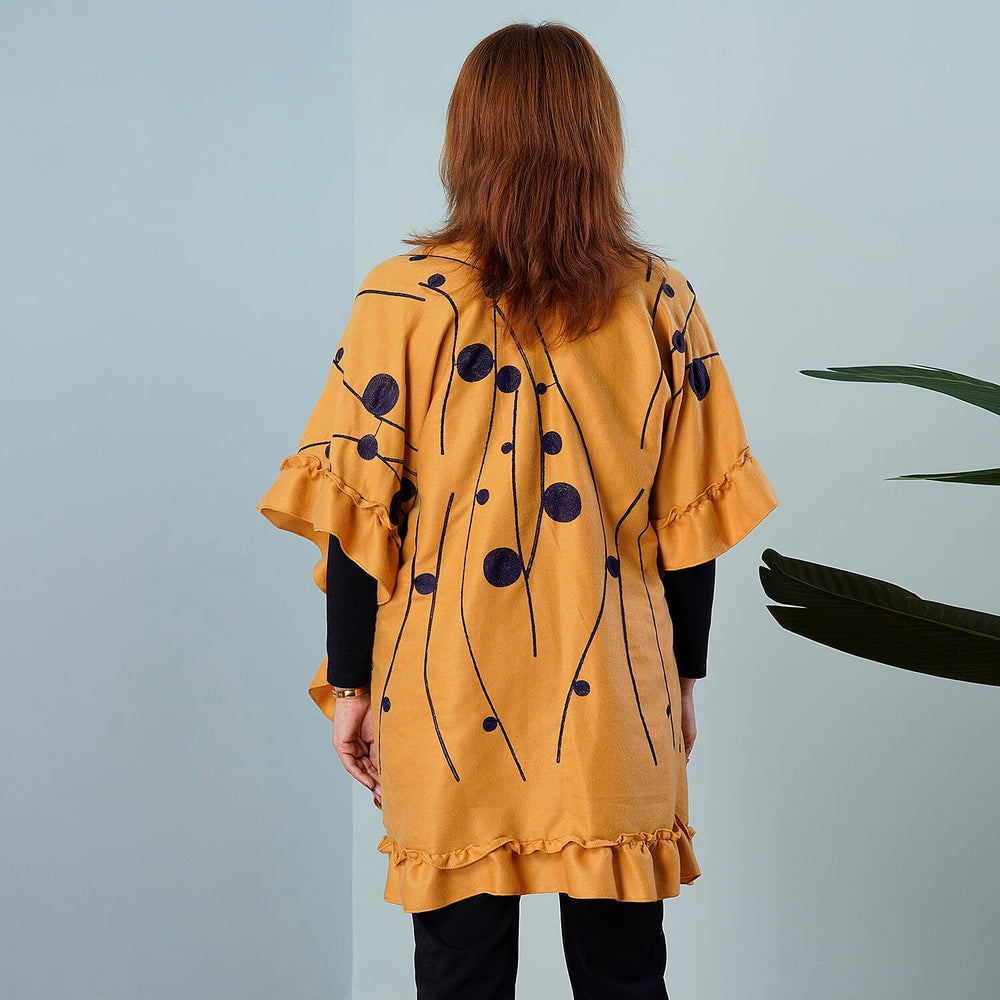 TAMSY Circular and Line Embroidered Kimono (Size 95x83 Cm) - Yellow & Navy