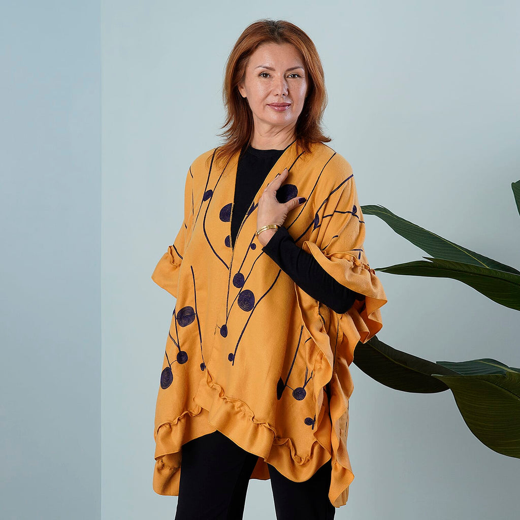 TAMSY Circular and Line Embroidered Kimono (Size 95x83 Cm) - Yellow & Navy