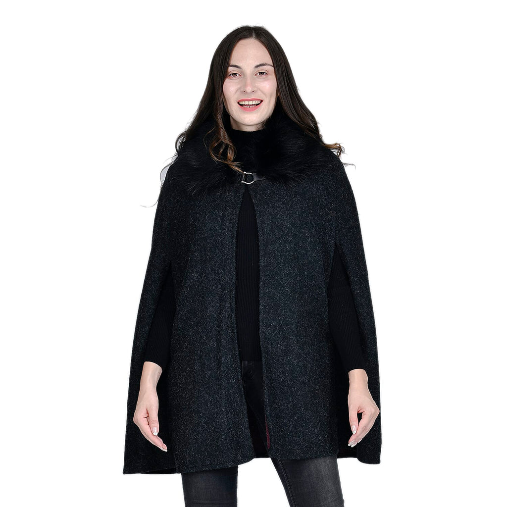 TAMSY Faux Fur Collar Cape (Size 130x75 Cm) - Black
