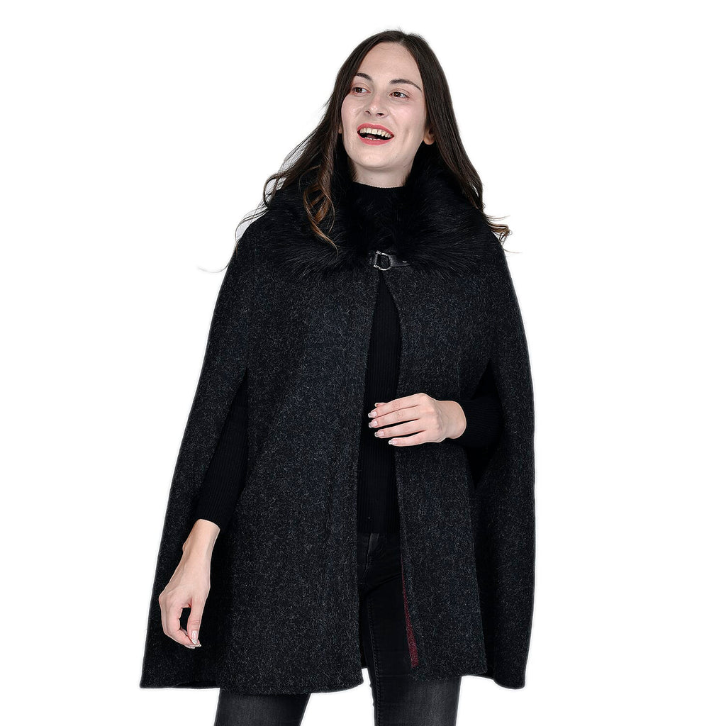 TAMSY Faux Fur Collar Cape (Size 130x75 Cm) - Black
