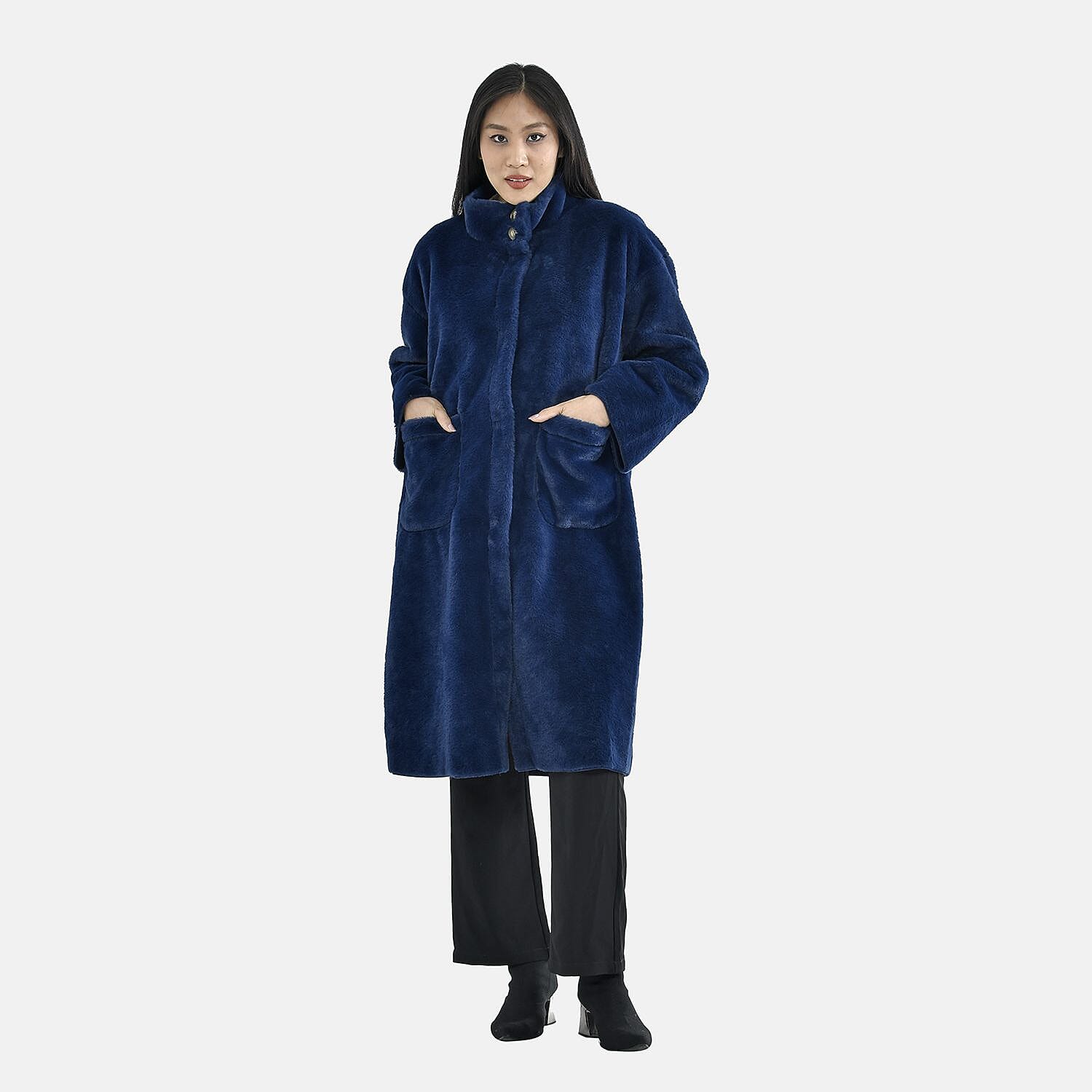 TAMSY Faux Fur Long Sleeves Coat with High Neck (Size L,16-18) - Dark Blue