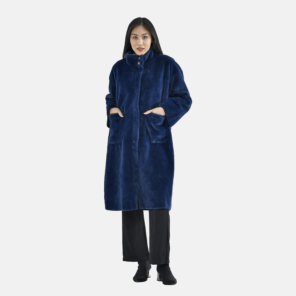 TAMSY Faux Fur Long Sleeves Coat with High Neck (Size M,12-14) - Dark Blue