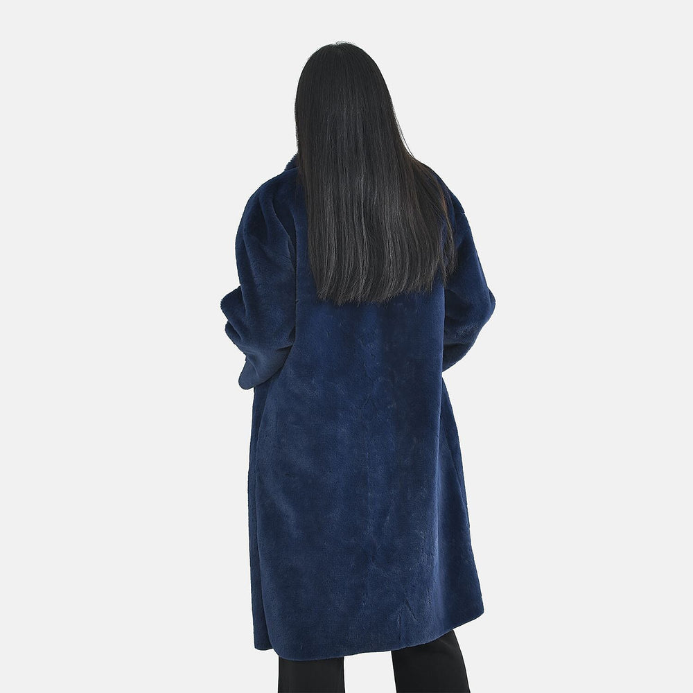 TAMSY Faux Fur Long Sleeves Coat with High Neck (Size M,12-14) - Dark Blue