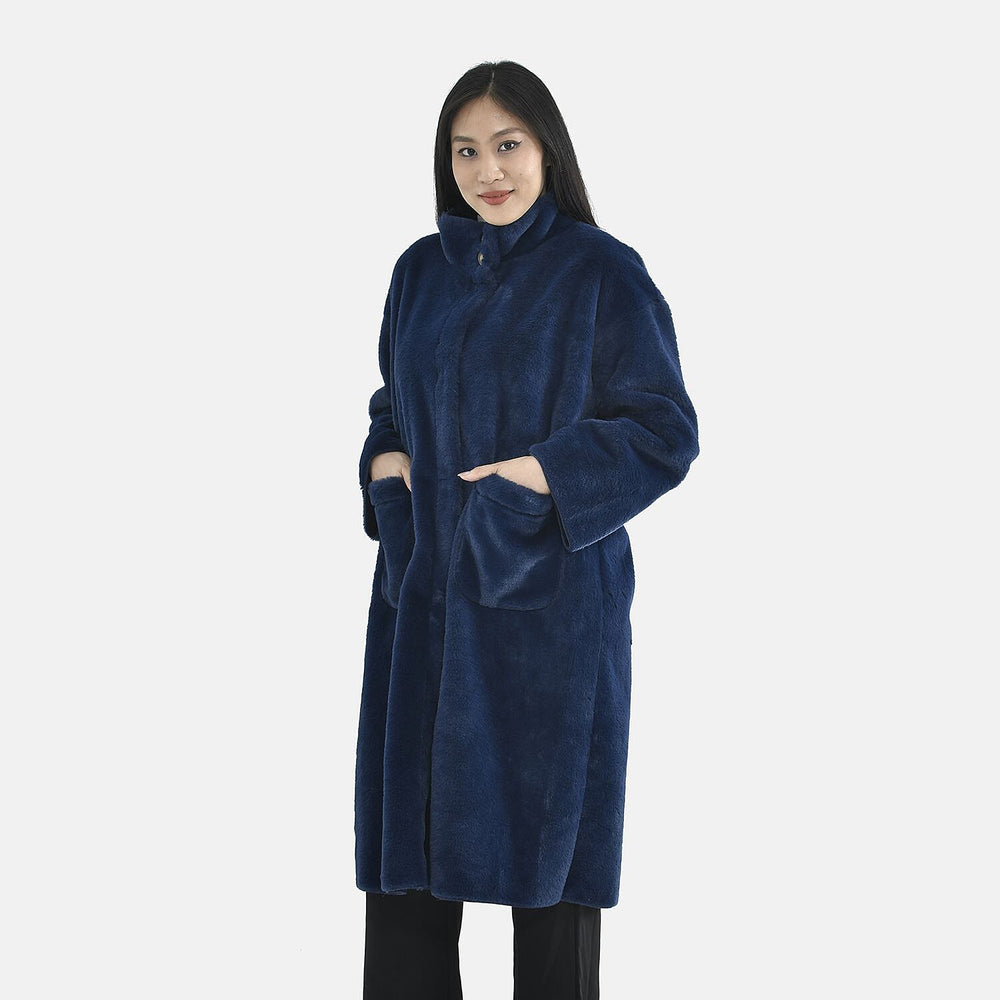 TAMSY Faux Fur Long Sleeves Coat with High Neck (Size M,12-14) - Dark Blue
