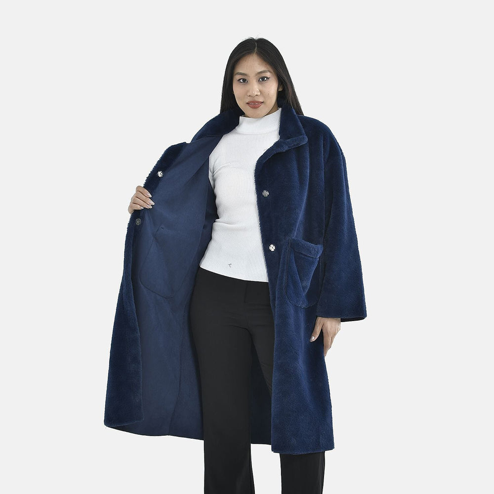 TAMSY Faux Fur Long Sleeves Coat with High Neck (Size M,12-14) - Dark Blue