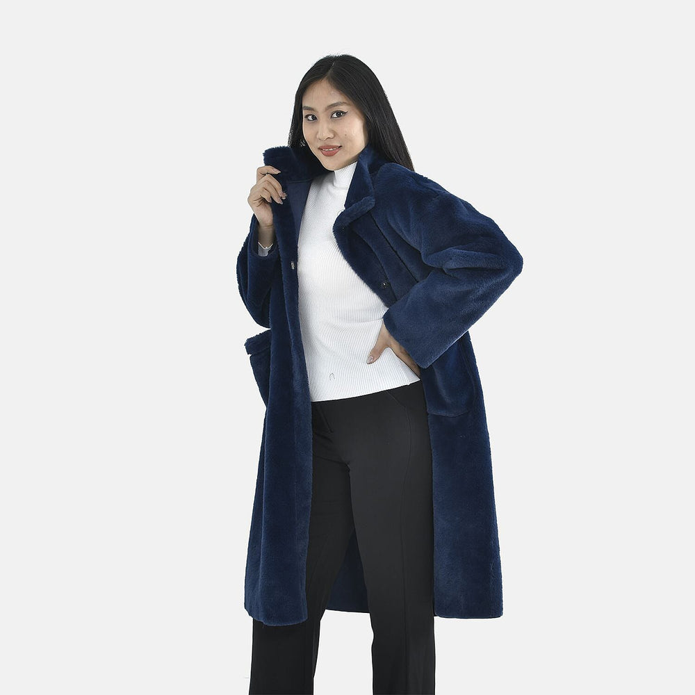 TAMSY Faux Fur Long Sleeves Coat with High Neck (Size M,12-14) - Dark Blue
