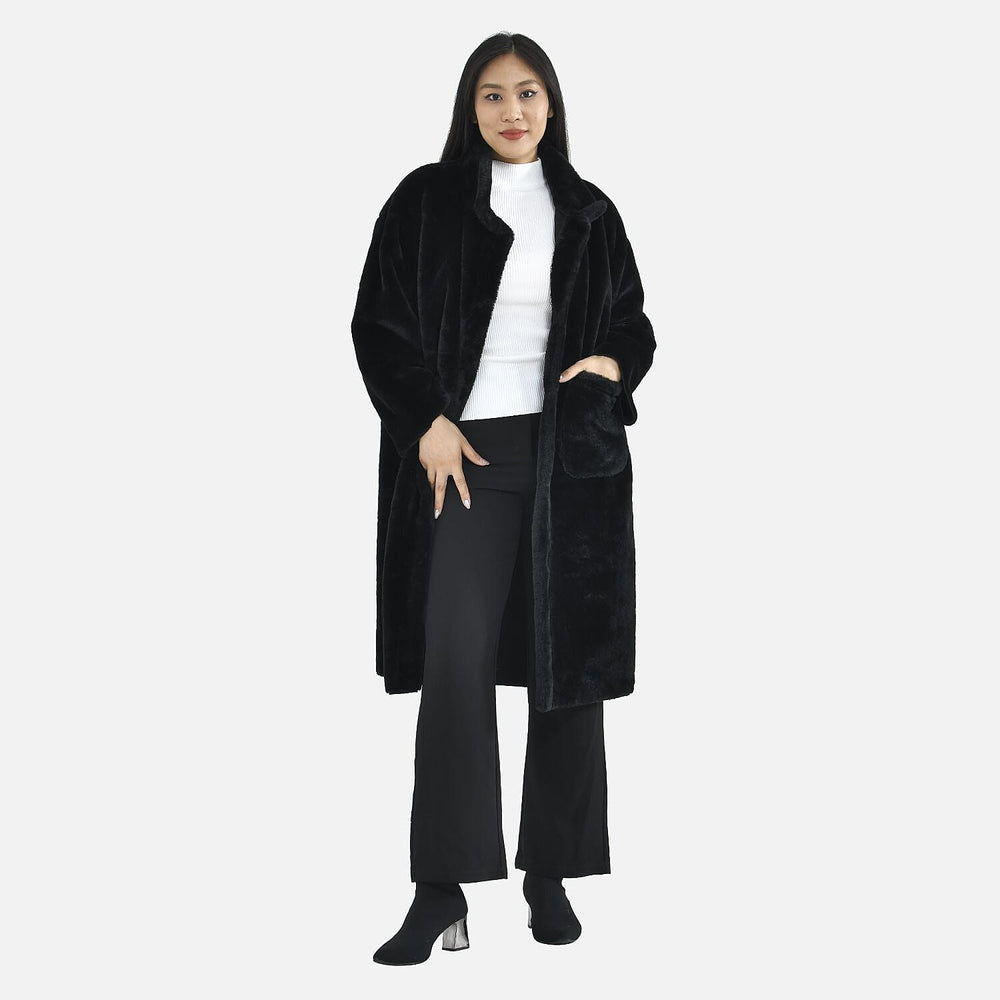 TAMSY Faux Fur Long Sleeves Coat with High Neck (Size XL,20-22) - Black