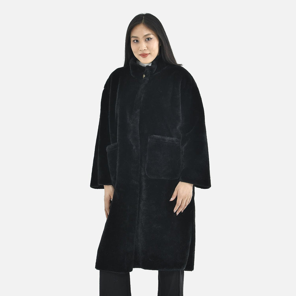 TAMSY Faux Fur Long Sleeves Coat with High Neck (Size XL,20-22) - Black