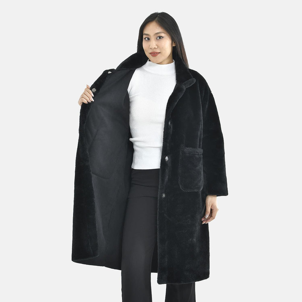 TAMSY Faux Fur Long Sleeves Coat with High Neck (Size XL,20-22) - Black