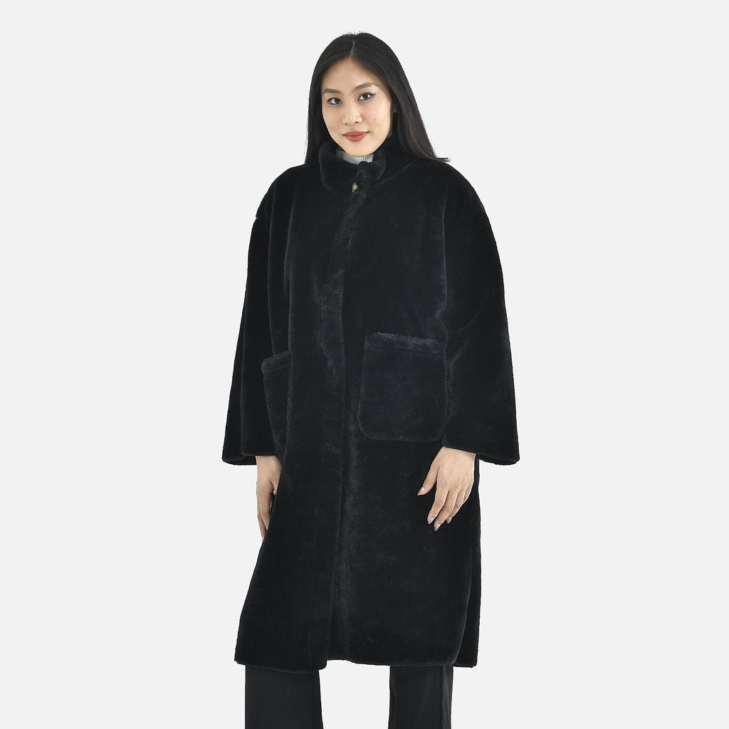 TAMSY Faux Fur Long Sleeves Coat with High Neck (Size XXL,24-26) - Black