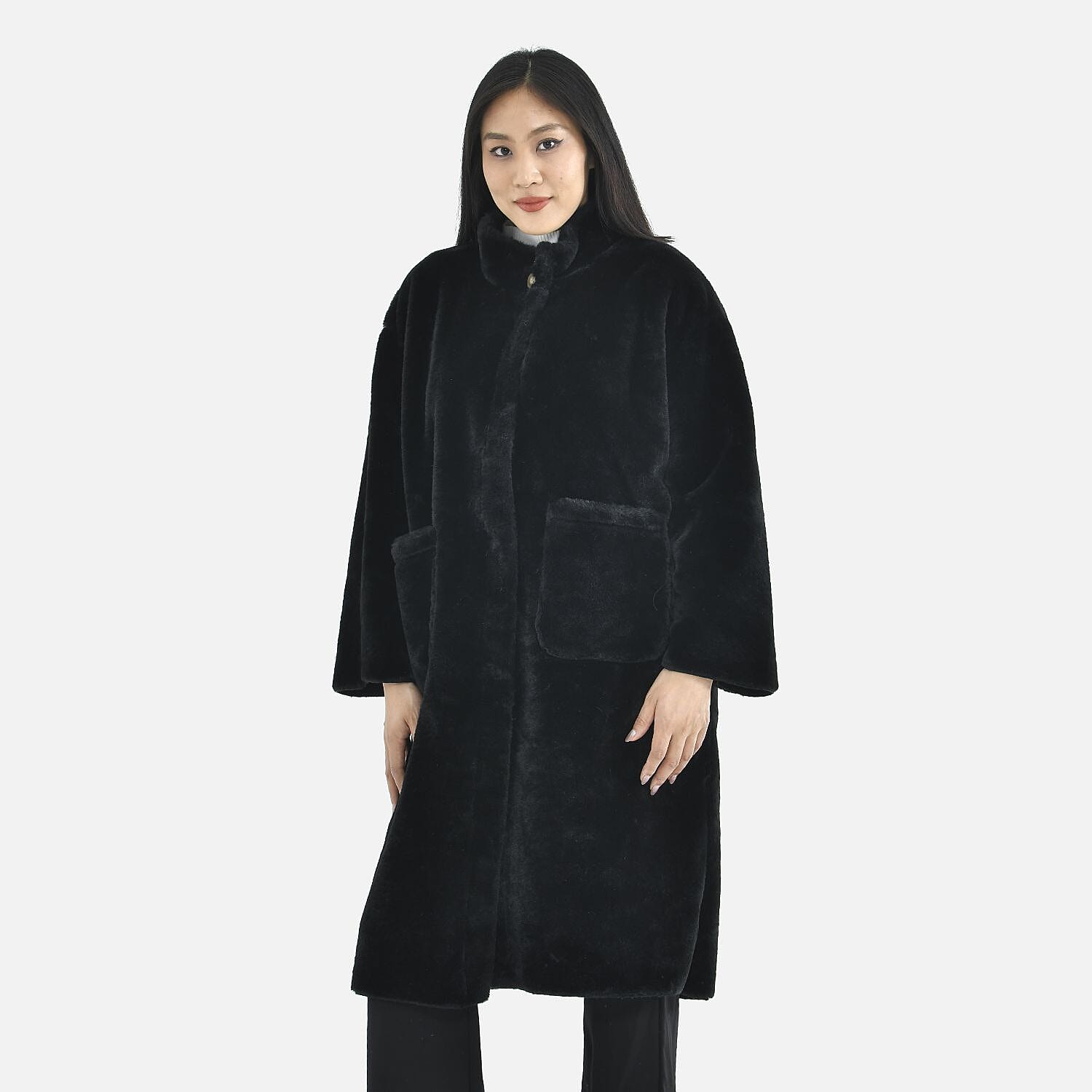 TAMSY Faux Fur Long Sleeves Coat with High Neck (Size XXL,24-26) - Black