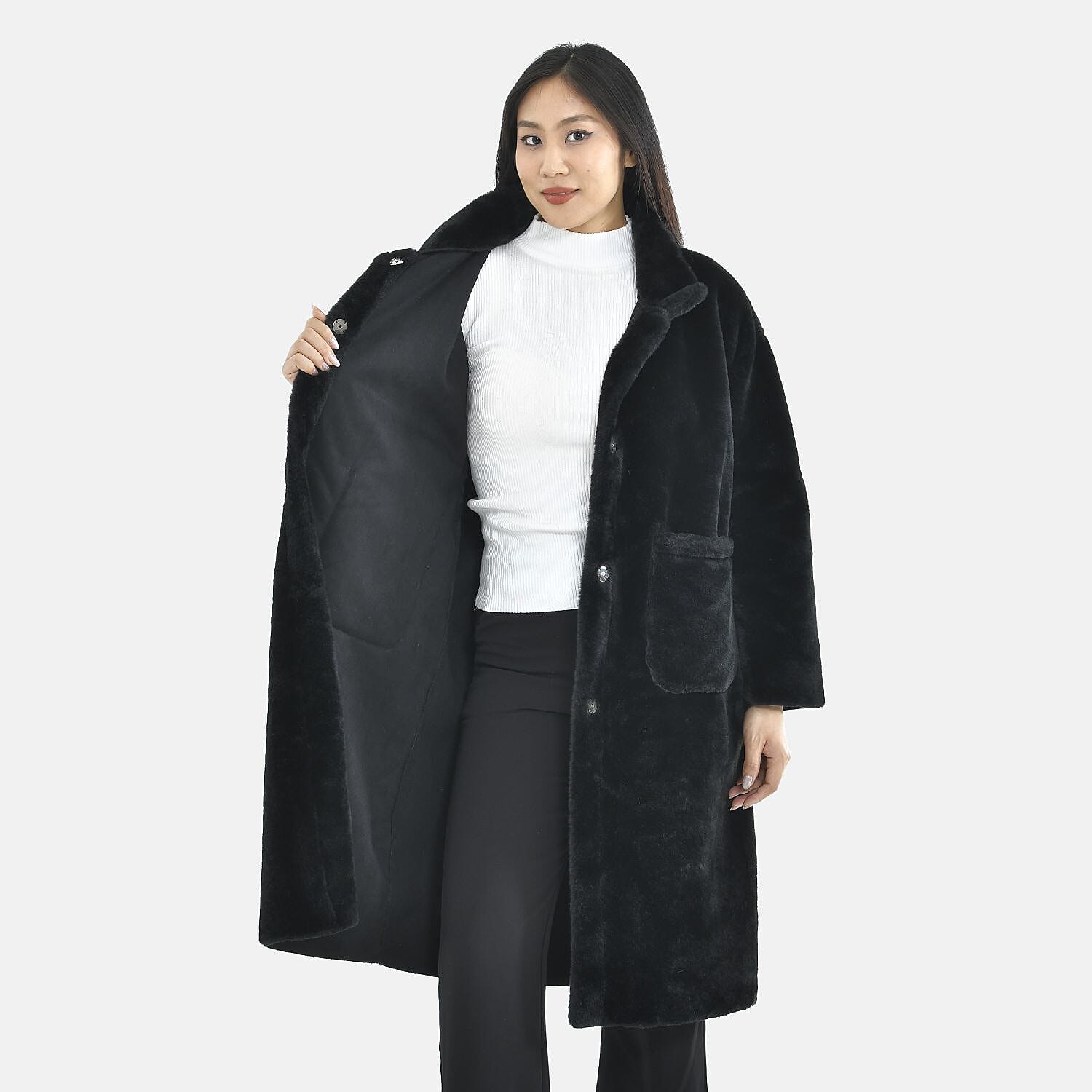 TAMSY Faux Fur Long Sleeves Coat with High Neck (Size XXL,24-26) - Black