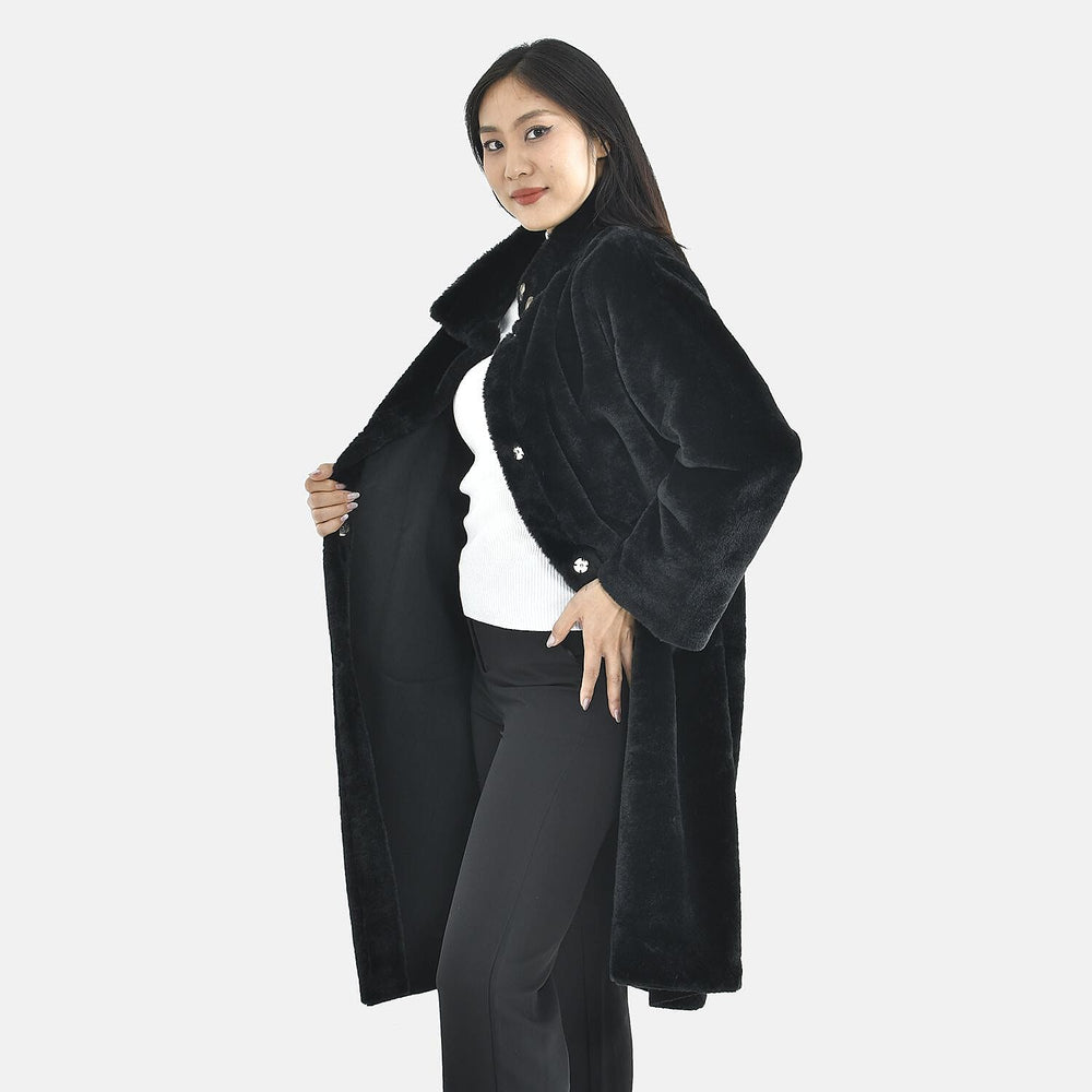 TAMSY Faux Fur Long Sleeves Coat with High Neck (Size XXL,24-26) - Black