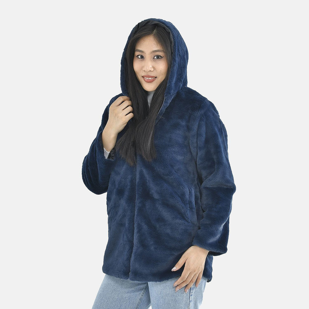 Tamsy Faux Fur Hoodie (Size M,12-14) - Navy