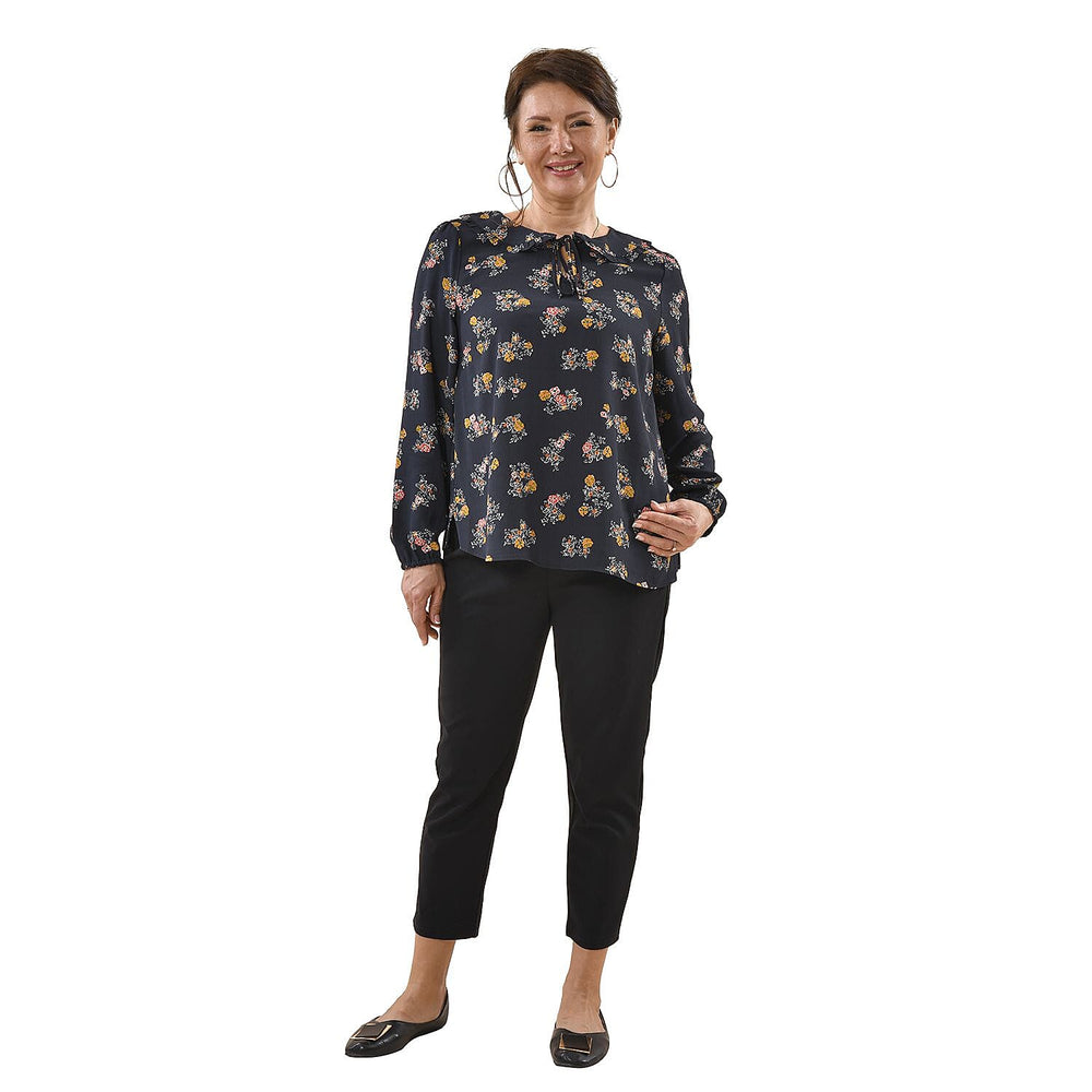 TAMSY 100% Viscose Floral Pattern Collar Blouse (Size M,12-14) - Black