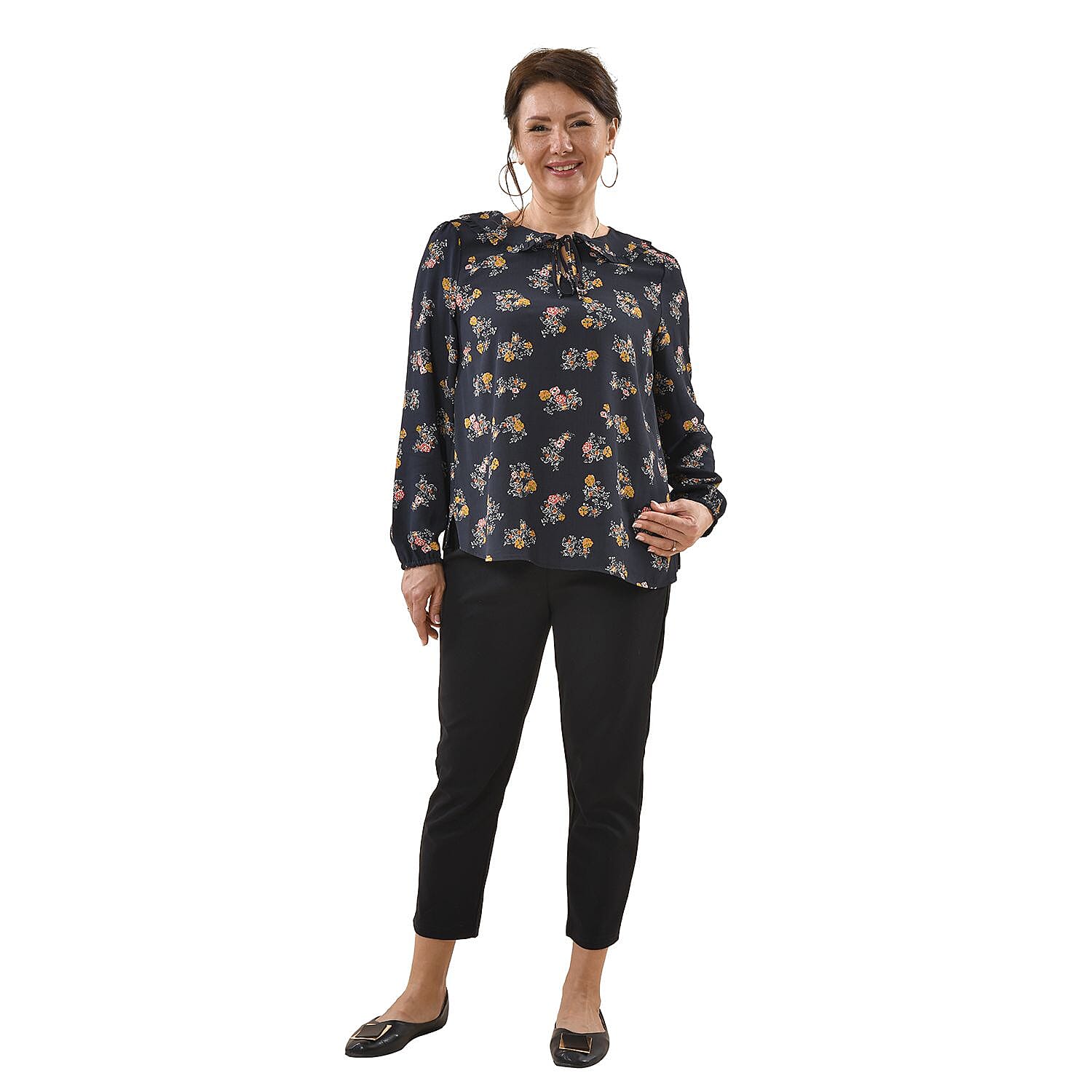TAMSY 100% Viscose Floral Pattern Collar Blouse (Size M,12-14) - Black